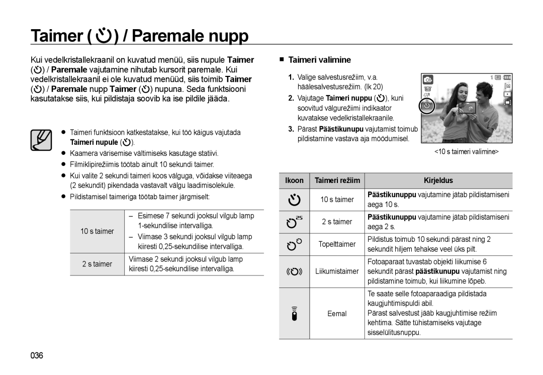 Samsung EC-WB500ABP/RU, EC-WB500BBP/RU manual Taimer / Paremale nupp, Taimeri valimine, 036 