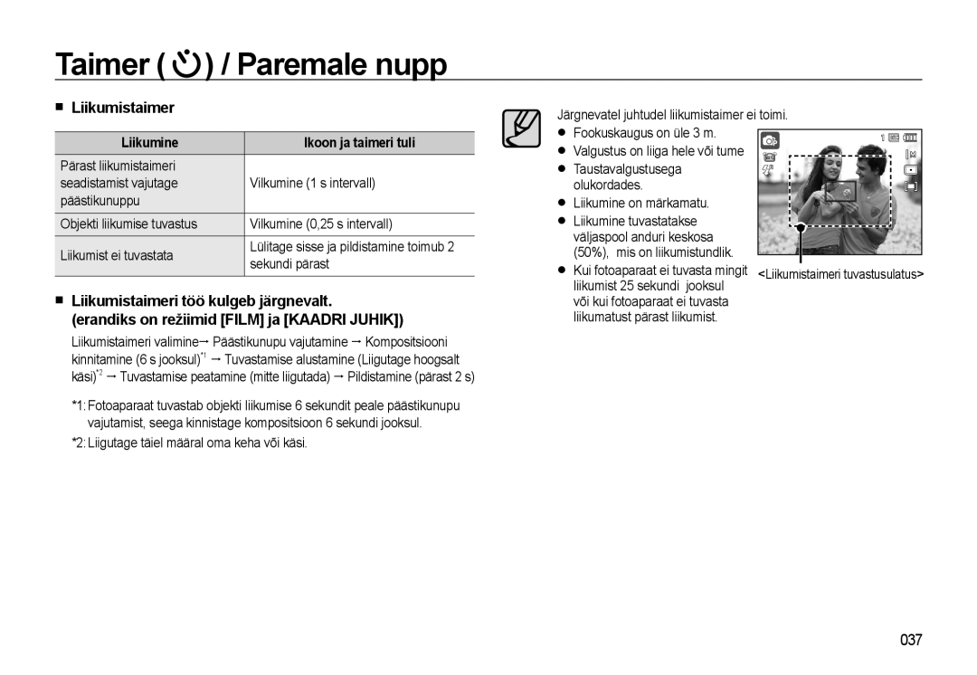 Samsung EC-WB500BBP/RU, EC-WB500ABP/RU manual Liikumistaimer, 037, Liikumine Ikoon ja taimeri tuli 