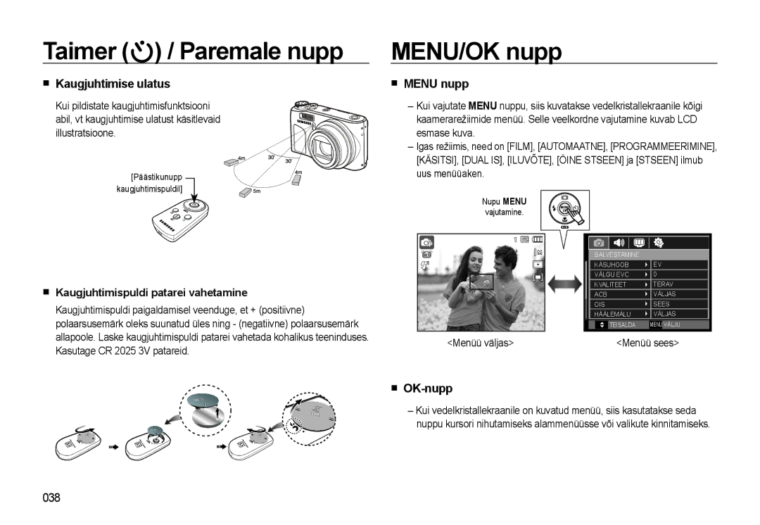 Samsung EC-WB500ABP/RU, EC-WB500BBP/RU manual MENU/OK nupp, Kaugjuhtimise ulatus, Menu nupp, OK-nupp, 038 