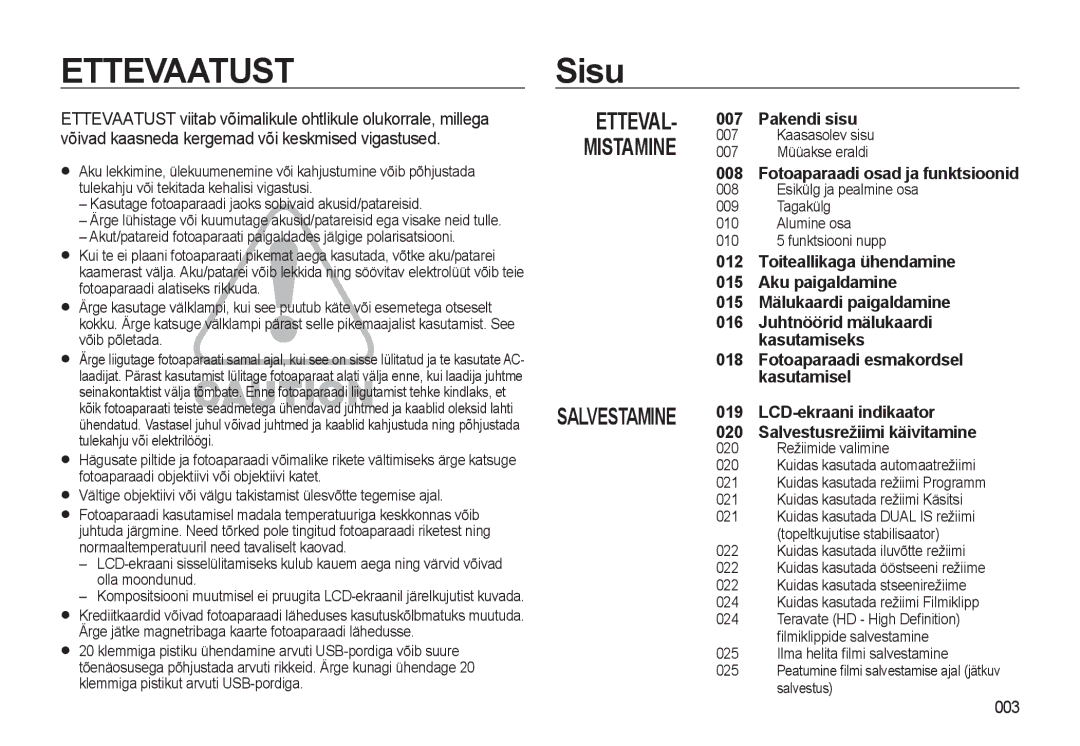 Samsung EC-WB500BBP/RU, EC-WB500ABP/RU manual Sisu, Pakendi sisu, Fotoaparaadi osad ja funktsioonid, 003 