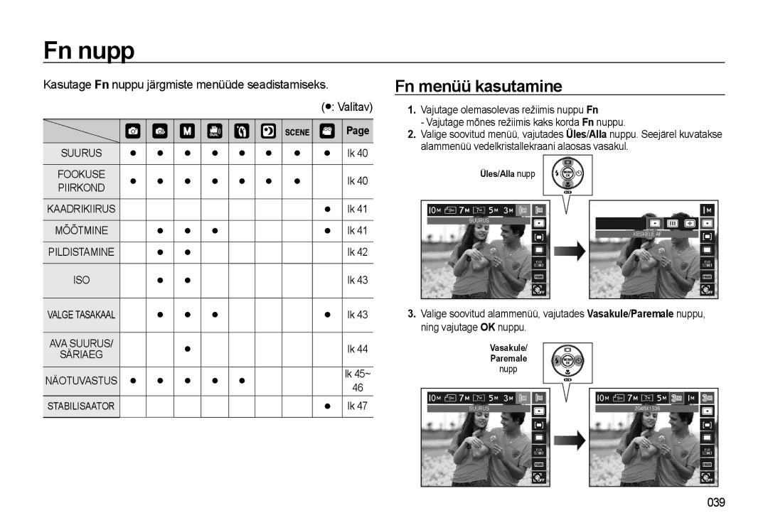 Samsung EC-WB500BBP/RU manual Fn menüü kasutamine, Kasutage Fn nuppu järgmiste menüüde seadistamiseks, Stabilisaator 