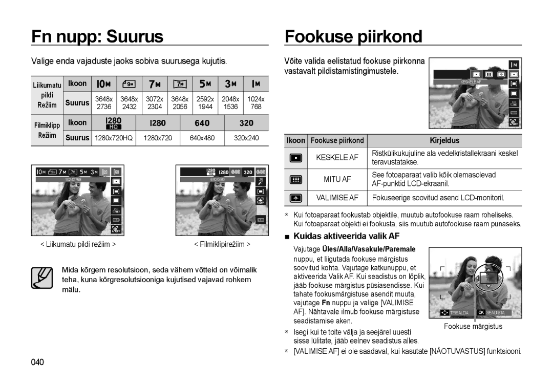 Samsung EC-WB500ABP/RU manual Fn nupp Suurus Fookuse piirkond, Valige enda vajaduste jaoks sobiva suurusega kujutis, 040 