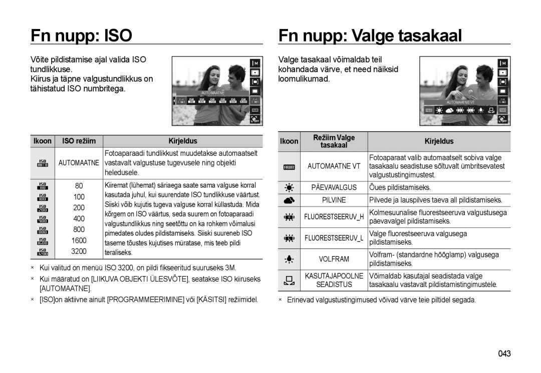 Samsung EC-WB500BBP/RU manual Fn nupp ISO Fn nupp Valge tasakaal, 043, Ikoon ISO režiim Kirjeldus, Režiim Valge Kirjeldus 