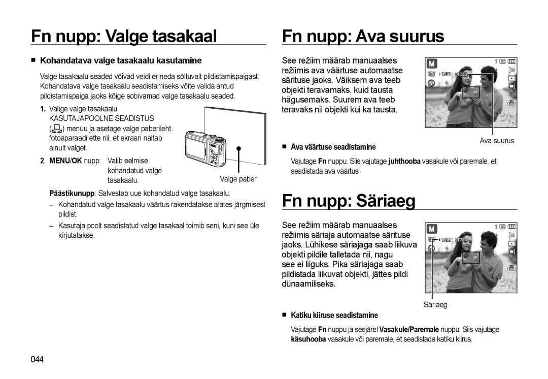 Samsung EC-WB500ABP/RU Fn nupp Valge tasakaal Fn nupp Ava suurus, Fn nupp Säriaeg, Kohandatava valge tasakaalu kasutamine 