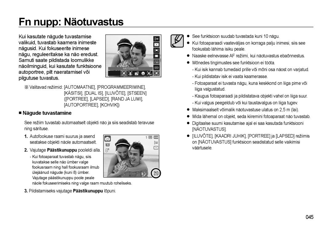 Samsung EC-WB500BBP/RU, EC-WB500ABP/RU manual Fn nupp Näotuvastus, Nägude tuvastamine, 045 