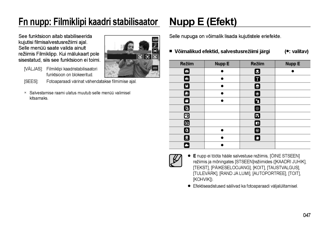 Samsung EC-WB500BBP/RU, EC-WB500ABP/RU Nupp E Efekt, Selle nupuga on võimalik lisada kujutistele eriefekte, Valitav, 047 