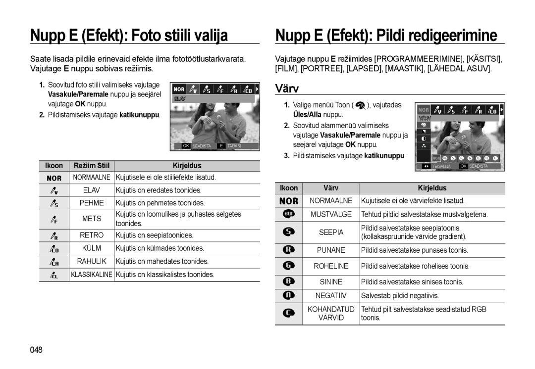 Samsung EC-WB500ABP/RU, EC-WB500BBP/RU manual Nupp E Efekt Foto stiili valija, Värv, 048 