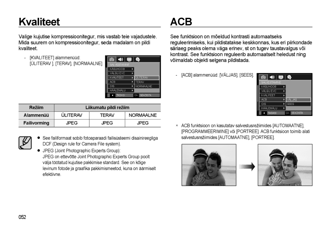 Samsung EC-WB500ABP/RU manual Kvaliteet, Võimaldab objekti selgena pildistada, 052, ACB alammenüüd VÄLJAS, Sees, Jpeg 