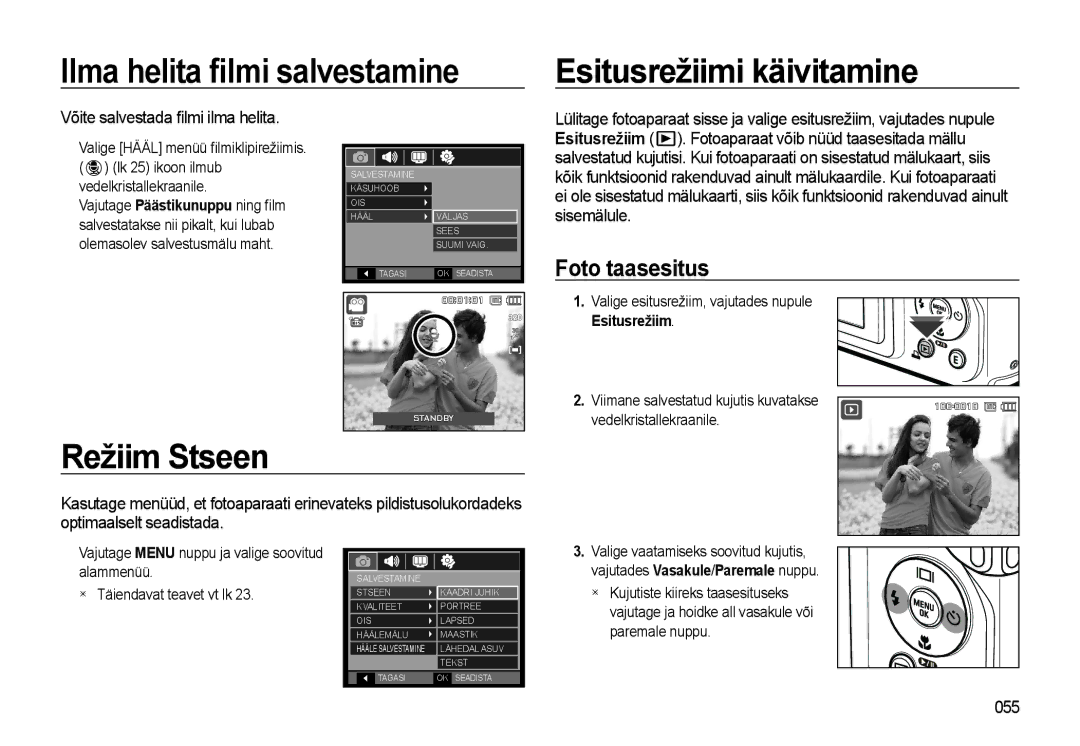 Samsung EC-WB500BBP/RU manual Ilma helita ﬁlmi salvestamine Esitusrežiimi käivitamine, Režiim Stseen, Foto taasesitus, 055 