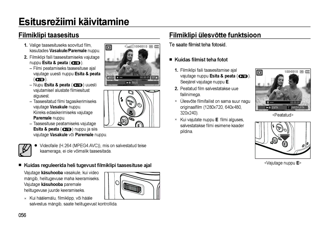 Samsung EC-WB500ABP/RU manual Filmiklipi taasesitus Filmiklipi ülesvõtte funktsioon, Te saate ﬁlmist teha fotosid, 056 