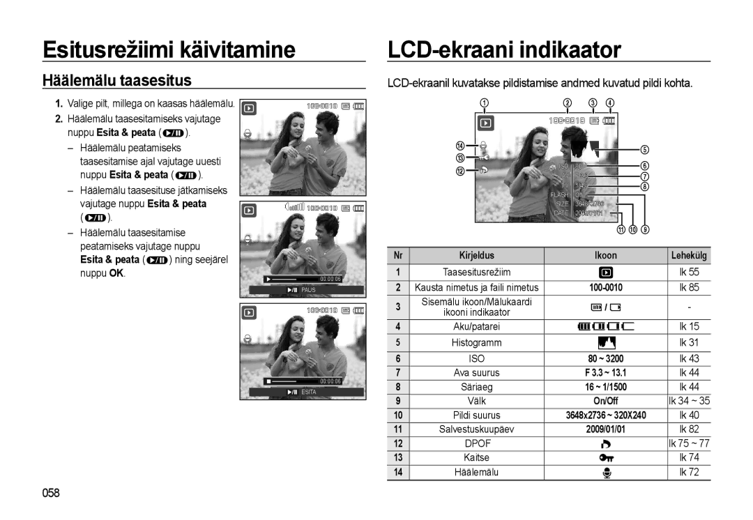 Samsung EC-WB500ABP/RU, EC-WB500BBP/RU manual Häälemälu taasesitus, 058, Esita & peata ning seejärel nuppu OK, 100-0010 