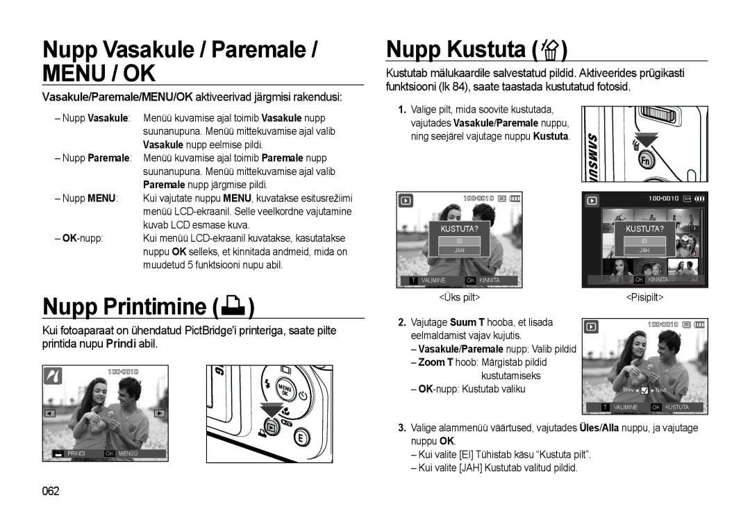 Samsung EC-WB500ABP/RU, EC-WB500BBP/RU manual Nupp Vasakule / Paremale, Nupp Kustuta, Nupp Printimine, 062 