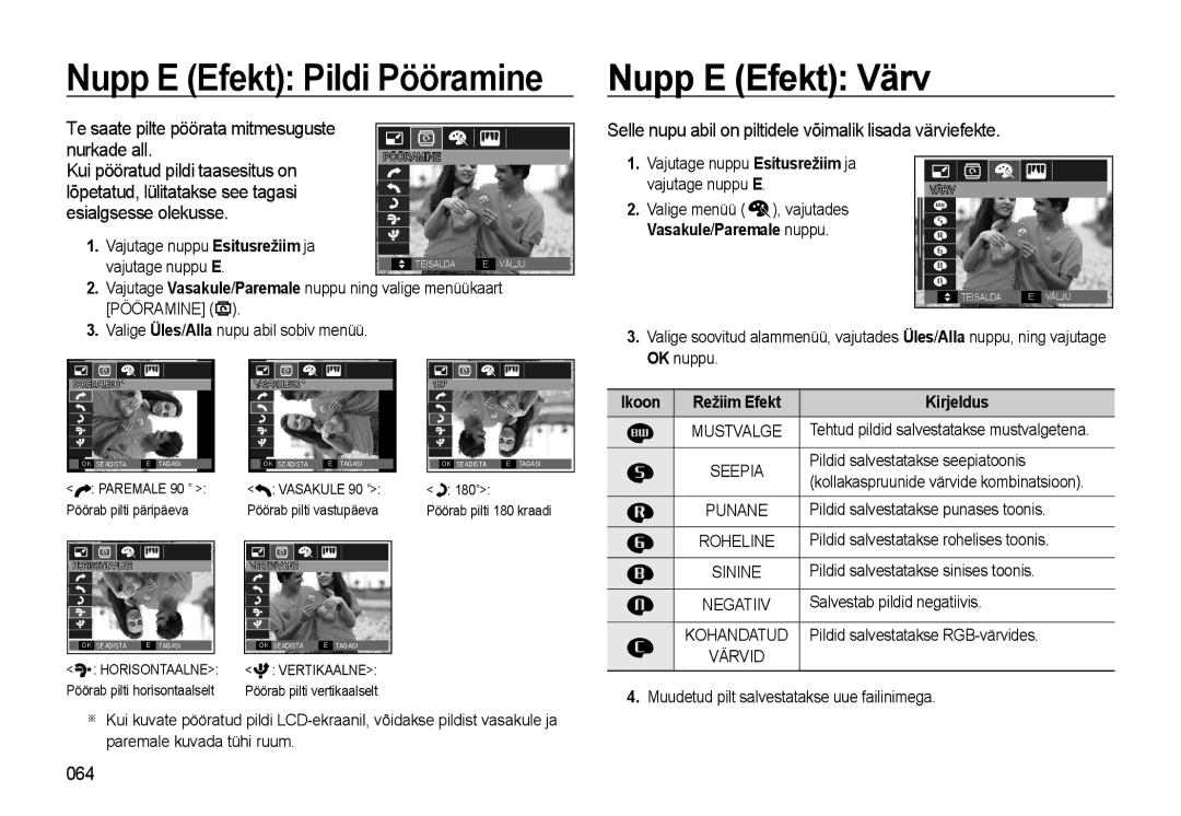 Samsung EC-WB500ABP/RU, EC-WB500BBP/RU manual Nupp E Efekt Värv, Te saate pilte pöörata mitmesuguste Nurkade all, 064 