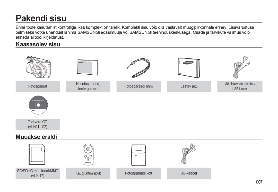 Samsung EC-WB500BBP/RU, EC-WB500ABP/RU manual Pakendi sisu, Kaasasolev sisu, Müüakse eraldi, 007 