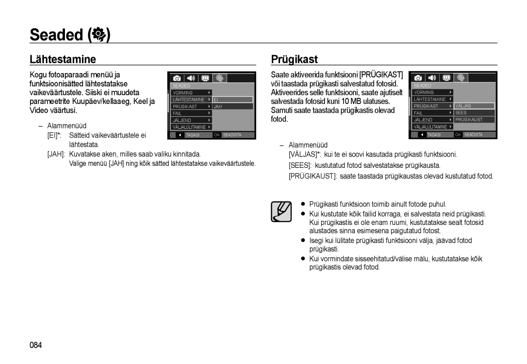 Samsung EC-WB500ABP/RU, EC-WB500BBP/RU manual Seaded, Lähtestamine Prügikast, 084, Parameetrite Kuupäev/kellaaeg, Keel ja 