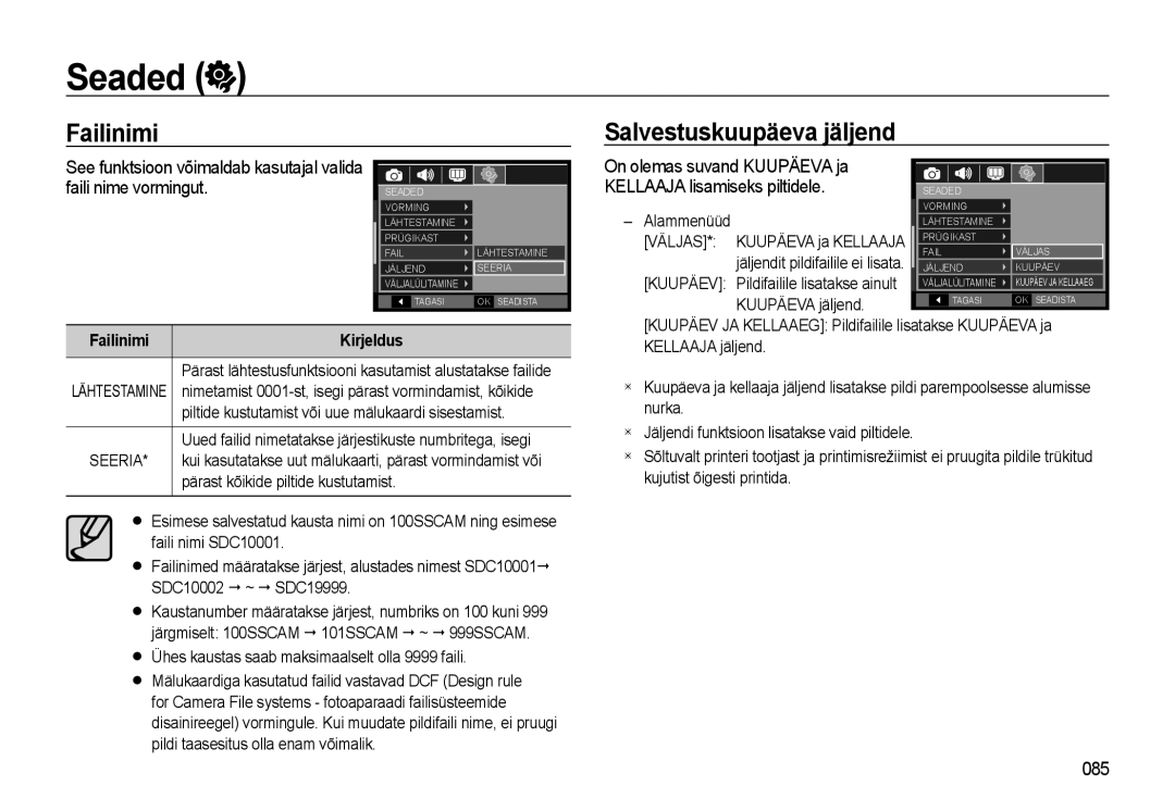 Samsung EC-WB500BBP/RU, EC-WB500ABP/RU manual Failinimi Salvestuskuupäeva jäljend, 085, Kuupäeva jäljend 