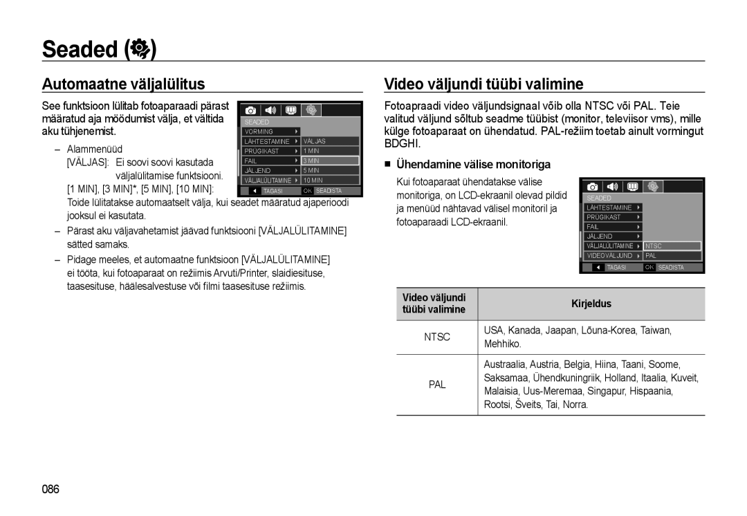 Samsung EC-WB500ABP/RU manual Automaatne väljalülitus, Video väljundi tüübi valimine, Ühendamine välise monitoriga, 086 