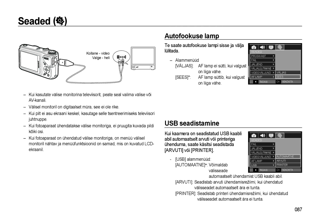 Samsung EC-WB500BBP/RU, EC-WB500ABP/RU manual Autofookuse lamp, USB seadistamine, 087 