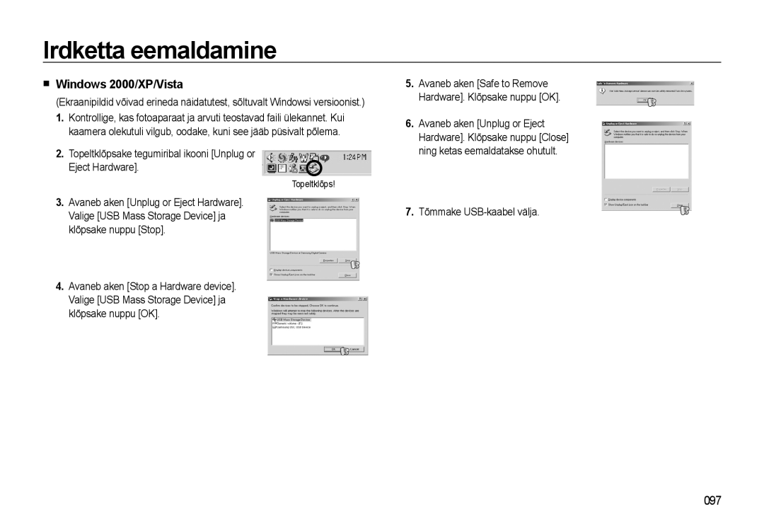 Samsung EC-WB500BBP/RU, EC-WB500ABP/RU manual Irdketta eemaldamine, Windows 2000/XP/Vista, 097, Tõmmake USB-kaabel välja 