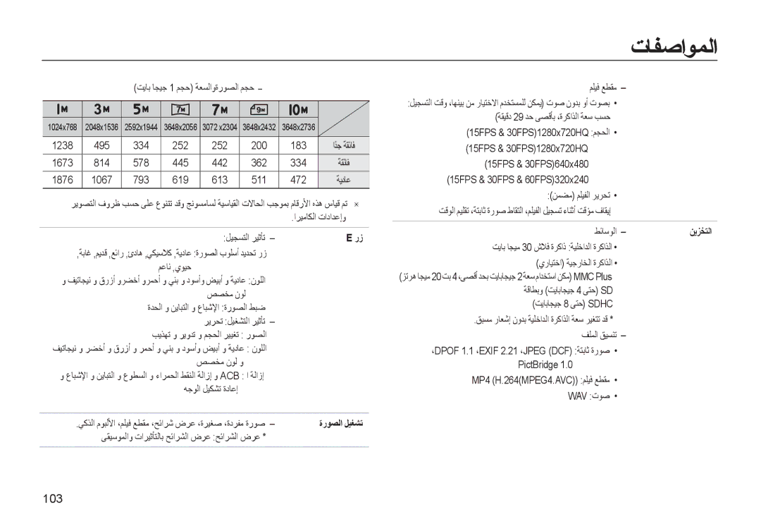 Samsung EC-WB500BBP/ME, EC-WB500BBP/ZA, EC-WB500ABP/ME manual 103, ﻦﻳﺰﺨﺘﻟا 