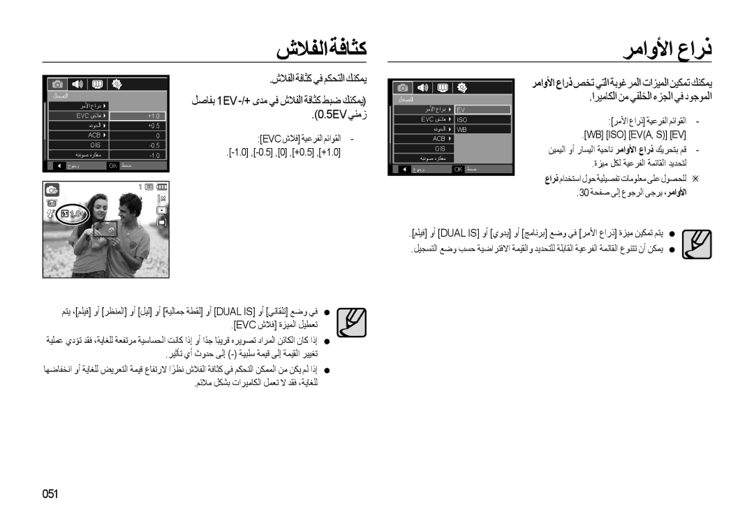 Samsung EC-WB500ABP/ME, EC-WB500BBP/ZA, EC-WB500BBP/ME شﻼﻔﻟاﺔﻓﺎﺜﻛ ﺮﻣاوﻷا عارذ, شﻼﻔﻟا ﺔﻓﺎﺜﻛ ﻲﻓ ﻢﻜﺤﺘﻟا ﻚﻨﻜﻤﻳ, 5EV ﻲﻨﻣز, 051 