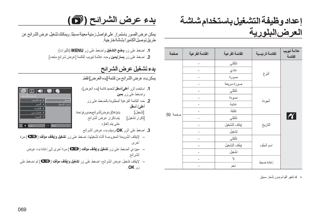 Samsung EC-WB500ABP/ME manual ﺢﺋاﺮﺸﻟا ضﺮﻋ ءﺪﺑ, ﺔﺷﺎﺷ ماﺪﺨﺘﺳﺎﺑ ﻞﻴﻐﺸﺘﻟا ﺔﻔﻴﻇو داﺪﻋإ ﺔﻳرﻮﻠﺒﻟاضﺮﻌﻟا, ﺢﺋاﺮﺸﻟا ضﺮﻋ ﻞﻴﻐﺸﺗ ءﺪﺑ, 069 