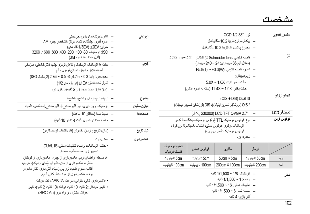 Samsung EC-WB500ABP/ME, EC-WB500BBP/ZA, EC-WB500BBP/ME manual ﺕﺎﺼﺨﺸﻣ, 102 