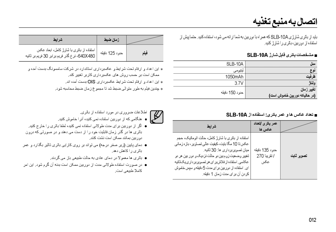 Samsung EC-WB500ABP/ME ﻪﻳﺬﻐﺗ ﻊﺒﻨﻣﻪﺑ ﻝﺎﺼﺗﺍ, ﺪﻴﻨﮐ ژﺭﺎﺷ ﺍﺭ یﺮﺗﺎﺑ ،ﻦﻴﺑﺭﻭﺩ ﺯﺍ ﻩﺩﺎﻔﺘﺳﺍ, 012, SLB-10A ژﺭﺎﺷ ﻞﺑﺎﻗ یﺮﺗﺎﺑ ﺕﺎﺼﺨﺸﻣ „ 