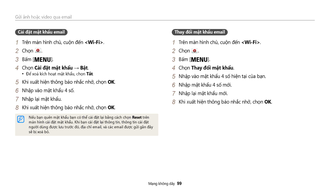 Samsung EC-WB50FZBDBVN, EC-WB50FZBDWVN manual Chọ̣n Cài đặt mật khẩu → Bât, Chọ̣n Thay đổi mật khẩu, Cài đặt mật khẩu email 