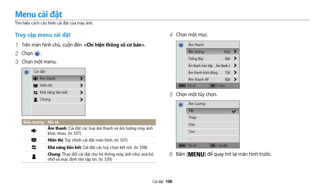 Samsung EC-WB50FZBDWVN manual Menu cài đặt, Truy cập menu cài đặt, Chọ̣n mộ̣t mụ̣c, Bấ́m để̉ quay trở lạ̣i mà̀n hình trướ́c 