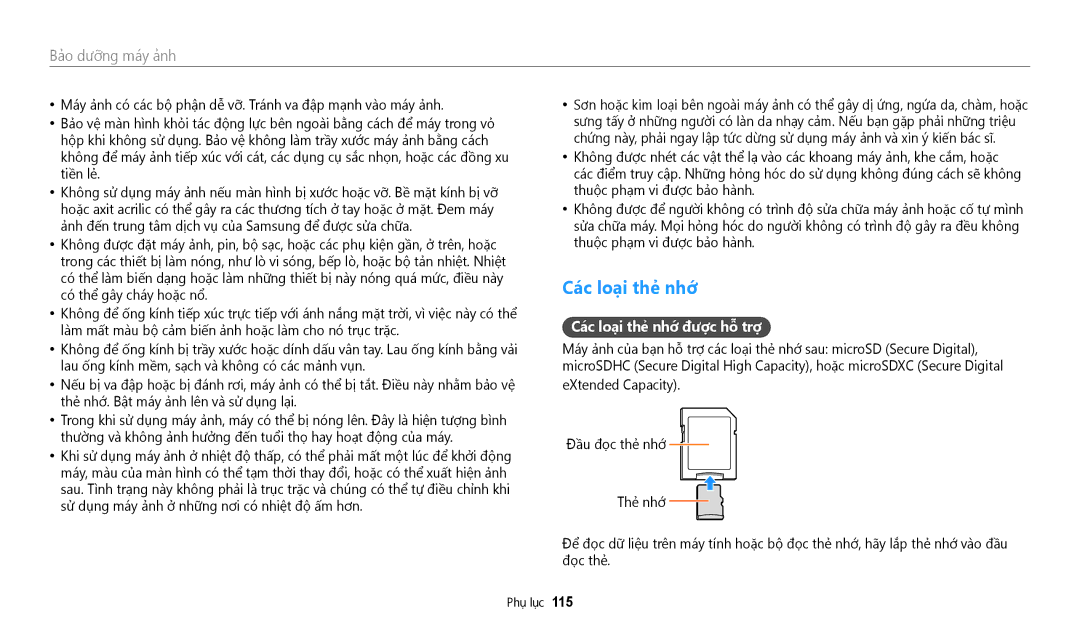 Samsung EC-WB50FZBDBVN, EC-WB50FZBDWVN manual Cac loai the nhơ đươc hỗ trơ 