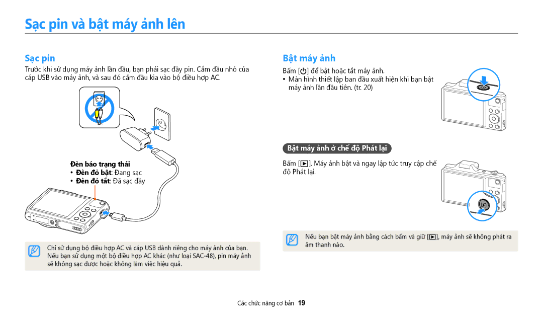 Samsung EC-WB50FZBDBVN manual Sac pin va bât may anh lên, Sạc pin, Bât may anh ơ chê đô Phat lai, Đen bao trang thai 