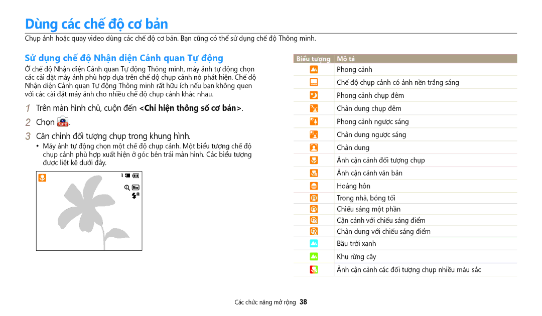 Samsung EC-WB50FZBDWVN manual Dung cac chê đô cơ ban, Sử dụng chế độ Nhận diện Cảnh quan Tự động, Cá́c chứ́c năng mở rộ̣ng 