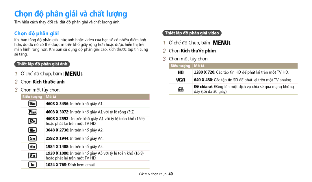 Samsung EC-WB50FZBDBVN, EC-WB50FZBDWVN manual Chọn độ phân giải và chất lượng, Chọ̣n Kích thước ảnh, Chọ̣n Kich thươc phim 
