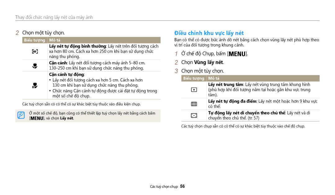 Samsung EC-WB50FZBDWVN manual Điều chỉnh khu vực lấy nét, Chọ̣n Vùng lấy nét, Cận cảnh tự động, Chuyển theo chủ thể. tr 