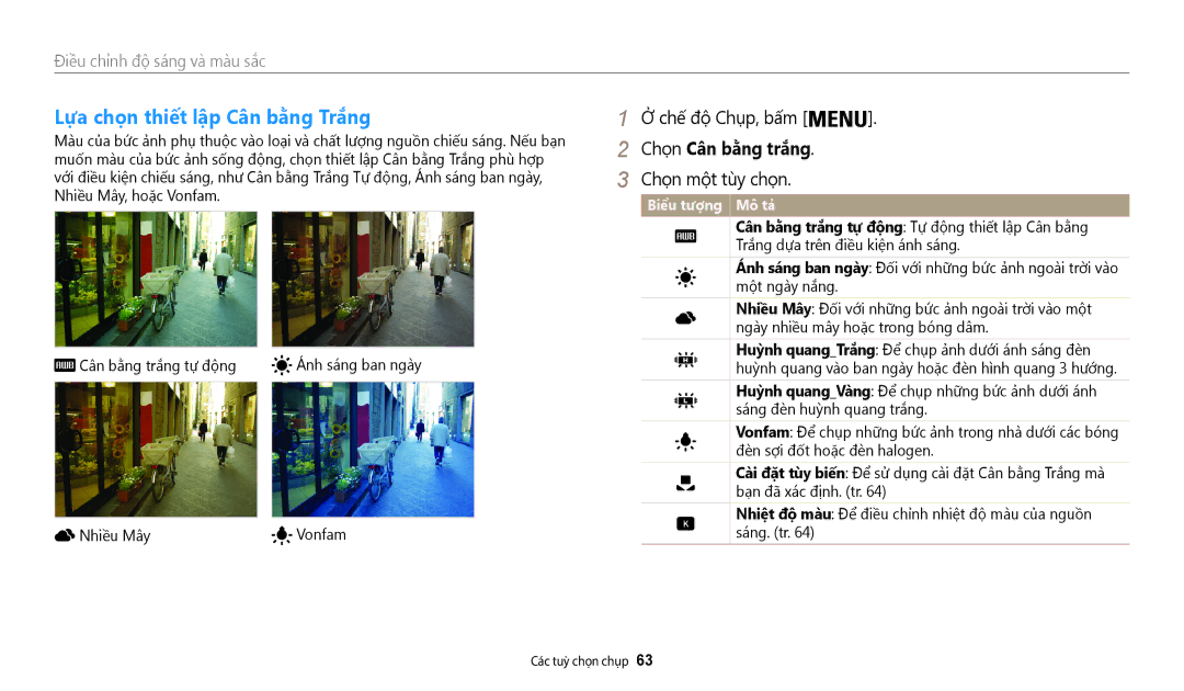 Samsung EC-WB50FZBDBVN, EC-WB50FZBDWVN manual Lựa chọn thiết lập Cân băng Trăng, Chọ̣n Cân bằng trắng 
