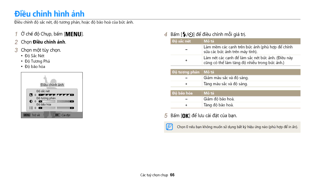 Samsung EC-WB50FZBDWVN, EC-WB50FZBDBVN Điều chỉnh hình ảnh, Chọ̣n Điều chỉnh ảnh, Bấ́m / để̉ điề̀u chỉnh mỗ̃i giá́ trị 