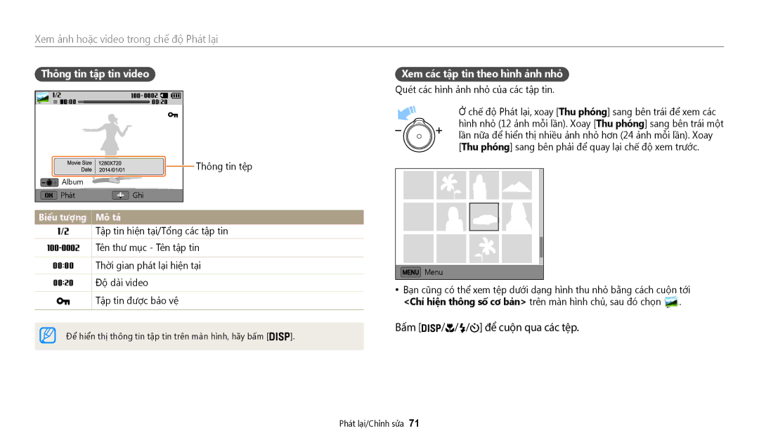 Samsung EC-WB50FZBDBVN, EC-WB50FZBDWVN manual Thông tin tập tin video, Xem các tập tin theo hình ảnh nhỏ 