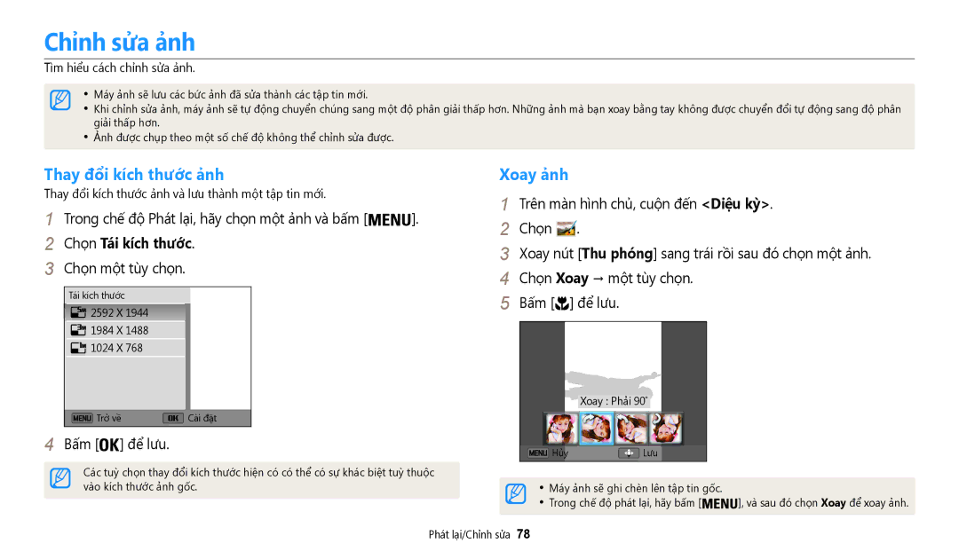 Samsung EC-WB50FZBDWVN, EC-WB50FZBDBVN manual Chỉnh sửa ảnh, Thay đổi kích thước ảnh, Xoay ảnh, Chọ̣n Tái kích thước 