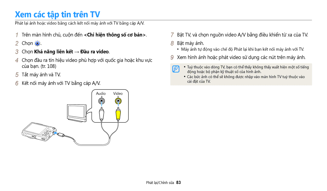 Samsung EC-WB50FZBDBVN Xem các tập tin trên TV, Chọ̣n Kha năng liên kêt → Đầu ra video, Audio Video, Cà̀i đặt củ̉a TV 