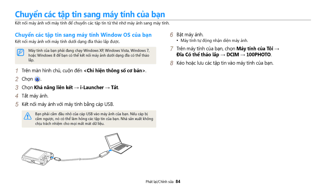 Samsung EC-WB50FZBDWVN manual Chuyển các tập tin sang máy tính của bạn, Chuyển các tập tin sang máy tính Window OS của bạn 