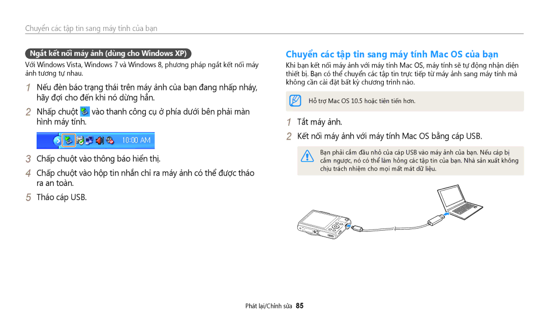 Samsung EC-WB50FZBDBVN manual Chuyển các tập tin sang máy tính Mac OS của bạn, Ngắt kết nối máy ảnh dùng cho Windows XP 