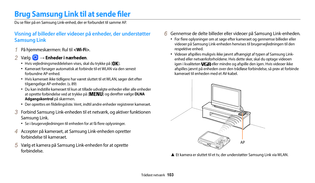 Samsung EC-WB50FZBPRE2 manual Brug Samsung Link til at sende filer, På hjemmeskærmen Rul til Wi-Fi, →Enheder i nærheden 