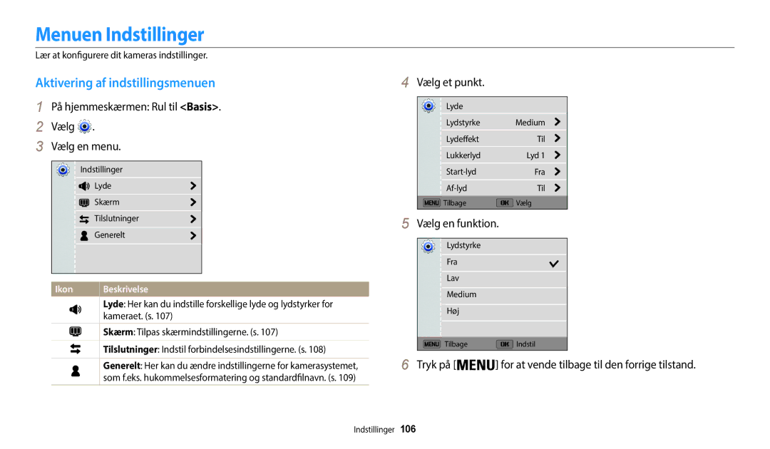 Samsung EC-WB50FZBPRE2, EC-WB50FZBPBE2 manual Menuen Indstillinger, Aktivering af indstillingsmenuen, Vælg et punkt 