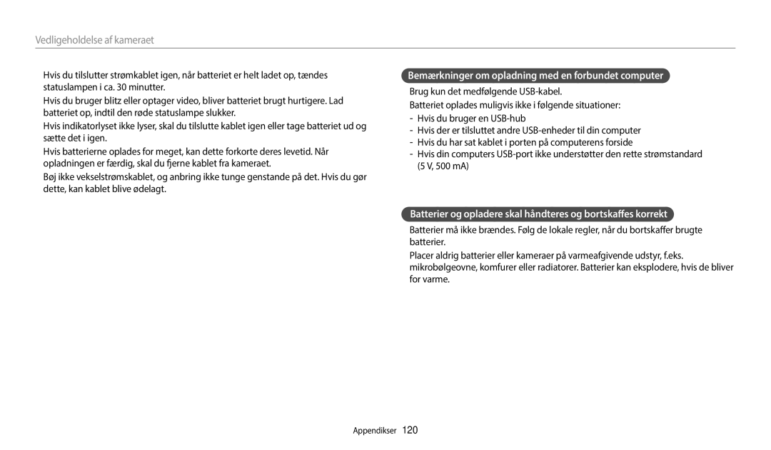 Samsung EC-WB50FZBPWE2, EC-WB50FZBPBE2, EC-WB50FZBPRE2 manual Bemærkninger om opladning med en forbundet computer 