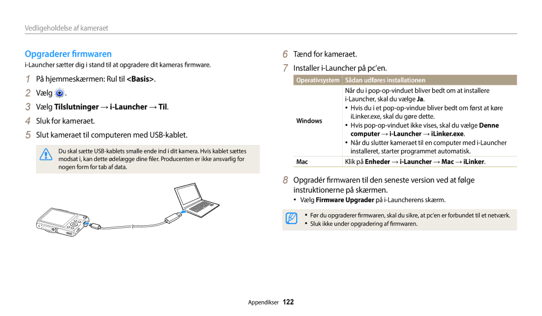 Samsung EC-WB50FZBPBE2, EC-WB50FZBPWE2, EC-WB50FZBPRE2 manual Opgraderer firmwaren, Vælg Tilslutninger →i-Launcher →Til 