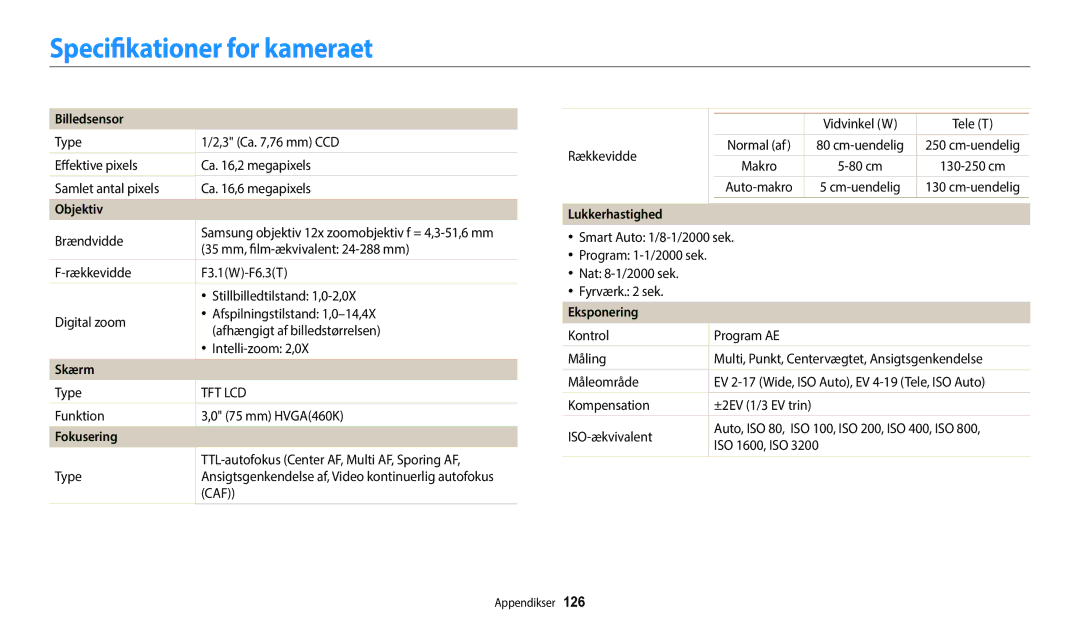 Samsung EC-WB50FZBPWE2 manual Specifikationer for kameraet, Billedsensor, Fokusering, Lukkerhastighed, Eksponering 