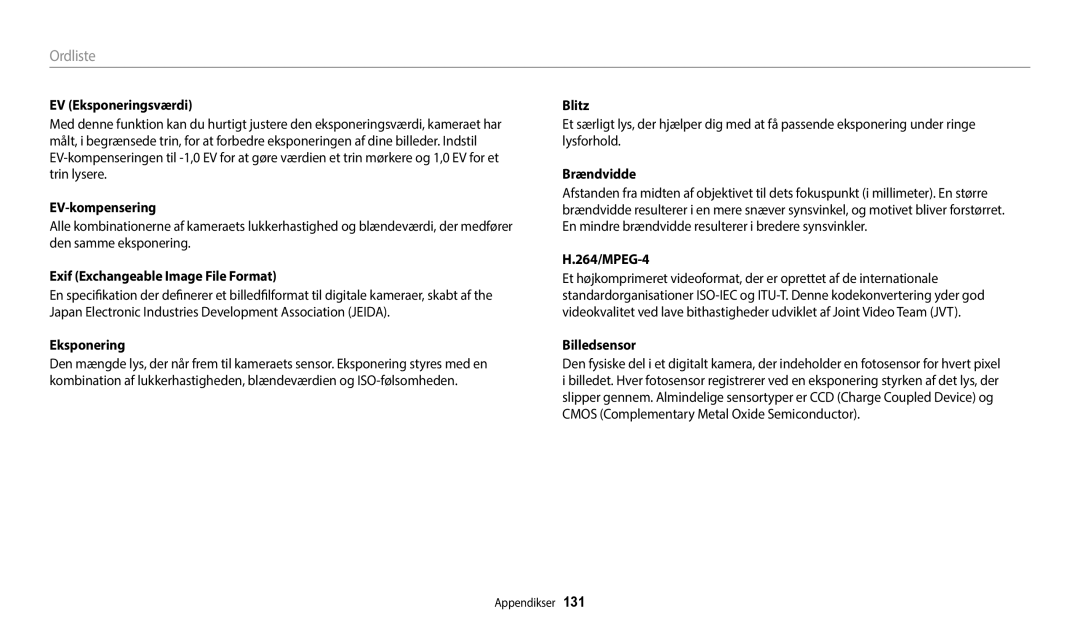 Samsung EC-WB50FZBPBE2, EC-WB50FZBPWE2, EC-WB50FZBPRE2 manual Ordliste 