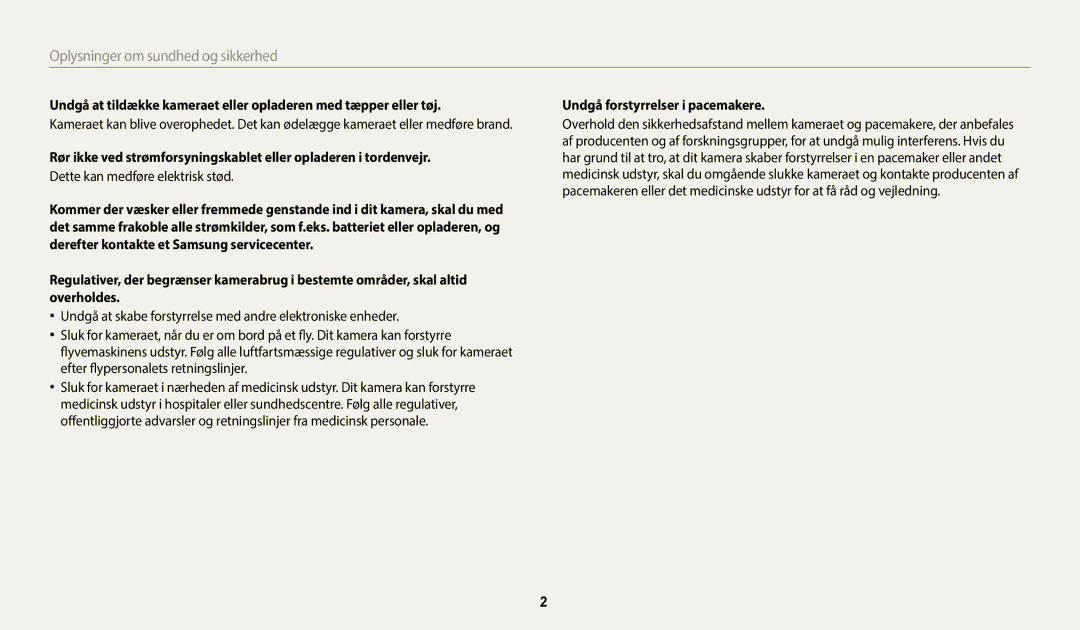 Samsung EC-WB50FZBPBE2, EC-WB50FZBPWE2 manual Oplysninger om sundhed og sikkerhed, Undgå forstyrrelser i pacemakere 