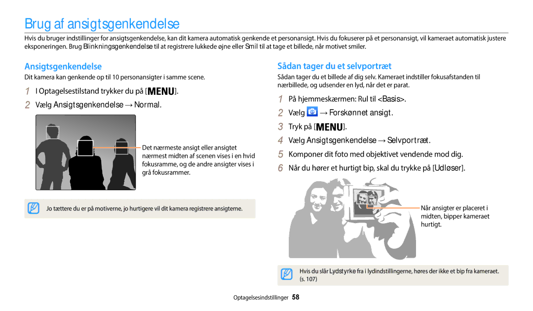 Samsung EC-WB50FZBPRE2, EC-WB50FZBPBE2 manual Brug af ansigtsgenkendelse, Ansigtsgenkendelse, Sådan tager du et selvportræt 